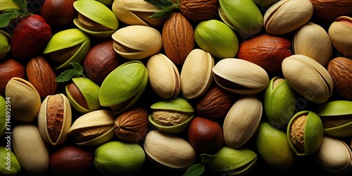 A pile of pistachio nuts photographed at close range. generative AI photo
