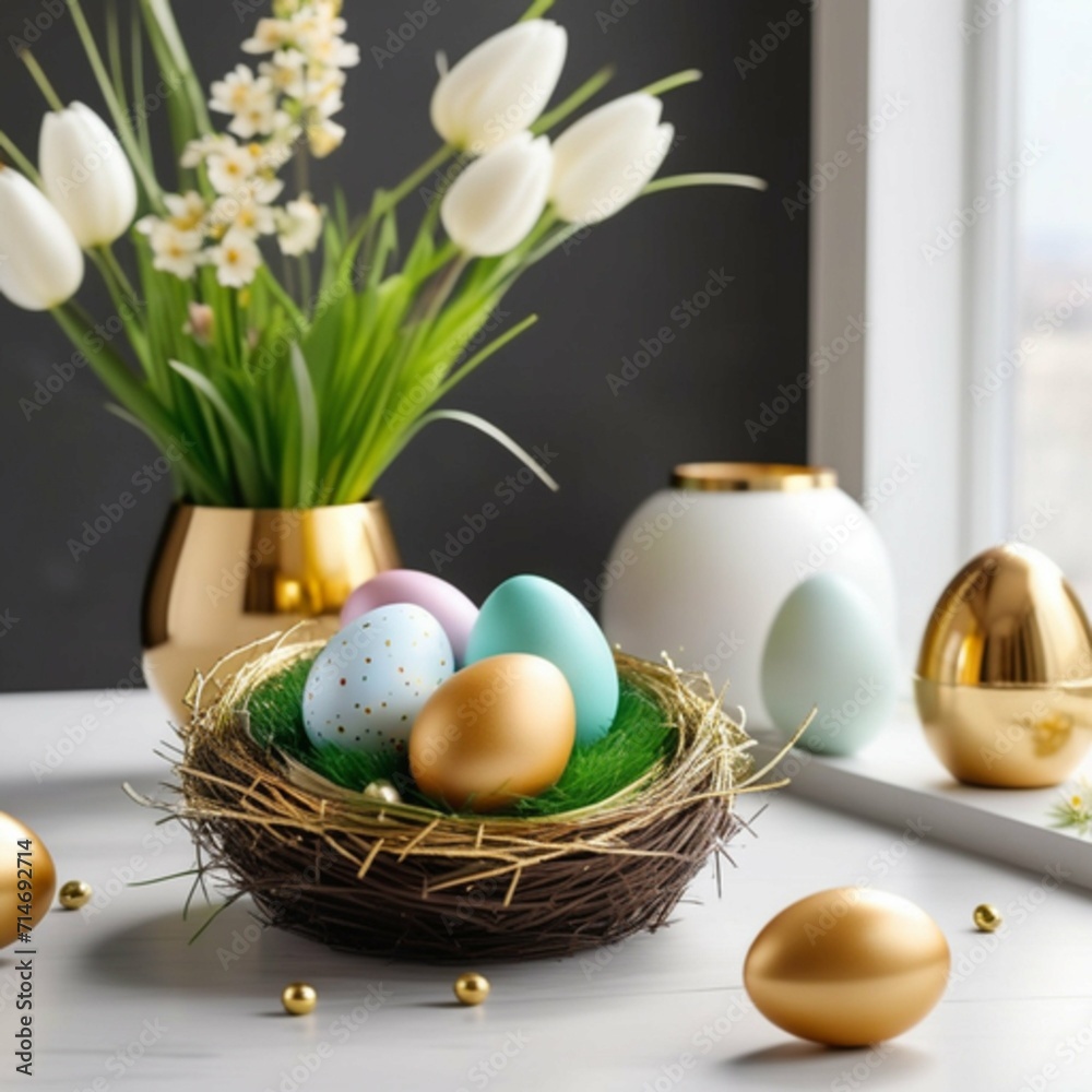 Nest with Easter colorful eggs and grass against a background of spring flowers and a stylish modern interior.
Nest with Easter colorful eggs and grass against a background of spring flowers and a stylish modern interior.