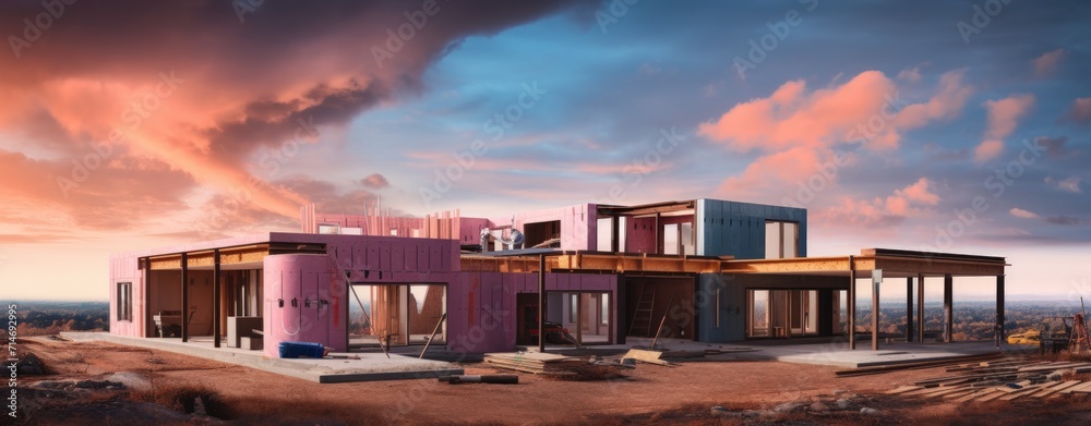Building construction site with modern concrete and steel on sunset view. AI generated image - obrazy, fototapety, plakaty 
