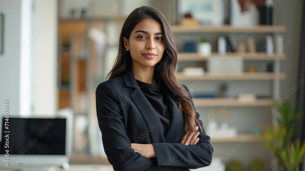 Business portrait. Charming successful positive indian or arabian business woman, secretary, ceo manager dressed in a stylish suit standing in a modern creative office, looking and smiling at camera