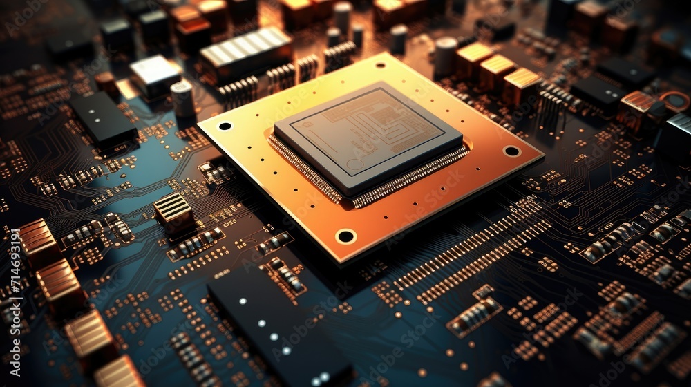 High tech computer engineer with circuit board chip processor. Central ...