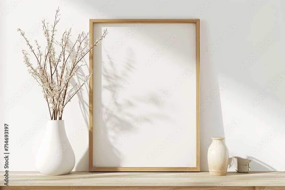 Blank horizontal poster frame mock up in minimal white style living room interior, modern living room interior background Blank horizontal poster frame mock up in minimal white style living room interior, modern living room interior background