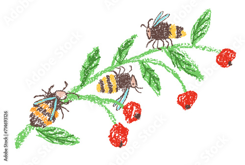 Bee or bumblebee on plant branch with red berries. Doodle hand drawn black yellow striped flying insect. Crayon, pencil pastel chalk like kid`s style vector funny cartoon summer art