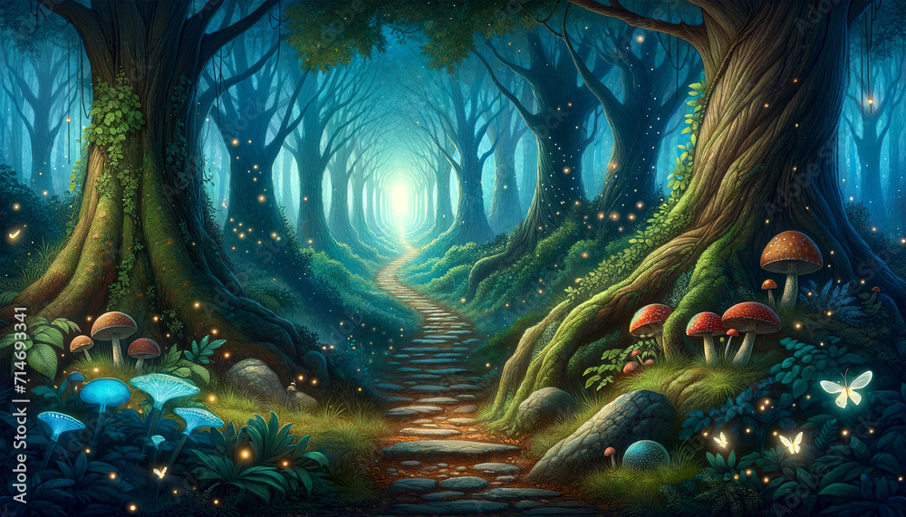 An enchanting forest path lined with towering trees and luminous mushrooms leads towards a mystic light in the distance.Storybook illustration concept. AI generated.