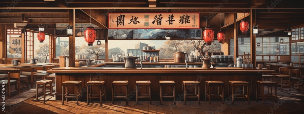 Traditional japanese oriental restaurant decoration. AI generated image