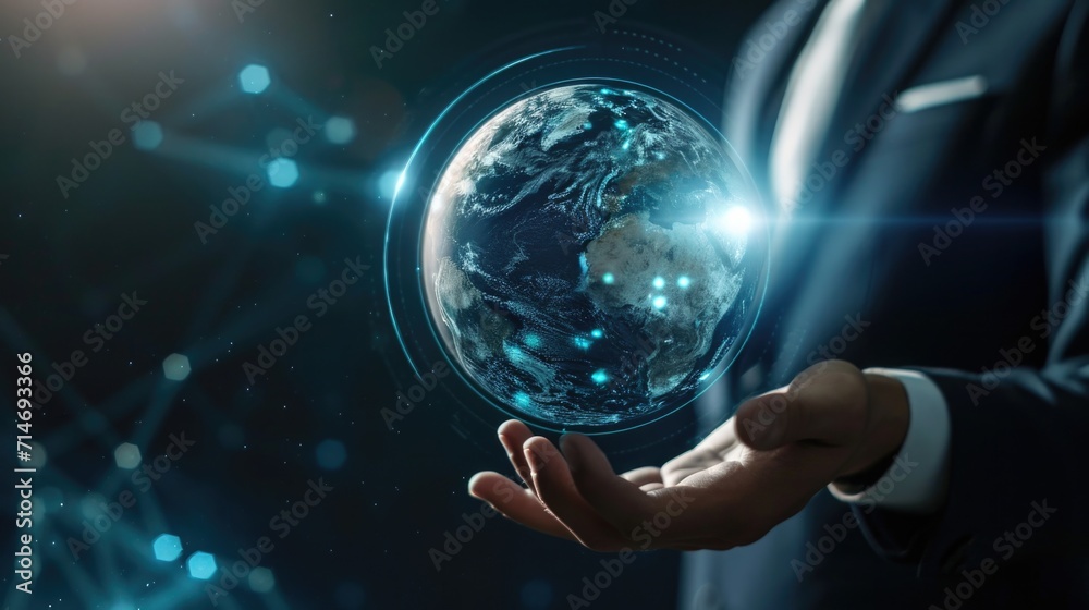 Obraz premium Businessman touching virtual Earth digital globe network 