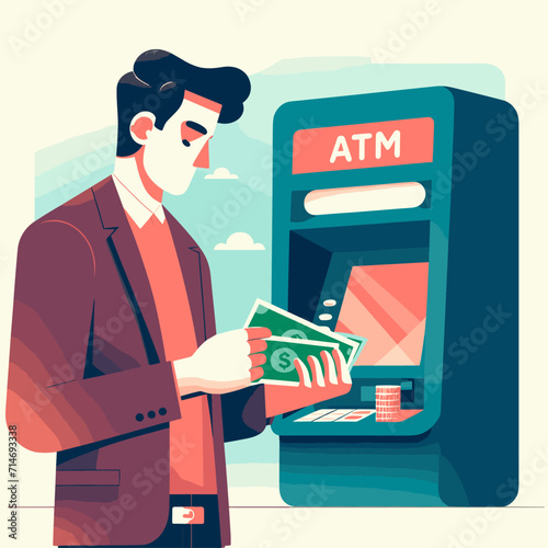 Man withdraws money from an ATM. Vector illustration in flat style