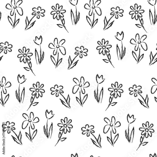 Botanical seamless pattern with hand drawn wild flowers. Pencil monochrome sketch of plants on a white background.