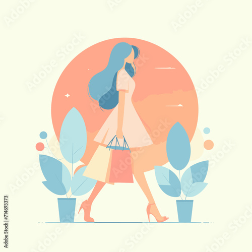 Vector illustration of a girl walking in the park with shopping bags.