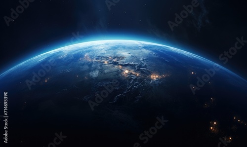 an earth planet that is situated in the dark viewed from space with blue light ring around it. © dwiadi14