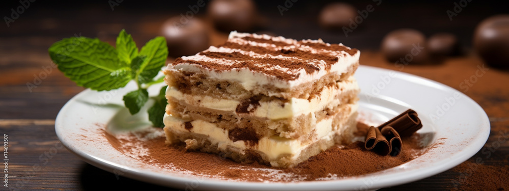 white plate with a piece of delicious tiramisu cake