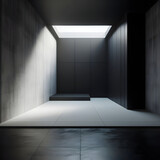 Empty room with black walls, white concrete floor and soft skylight
