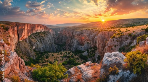 Colorful canyon landscape at sunset. nature scenery in the canyon. amazing nature background. summer landscape in nature. Tasyaran canyon travel in the great valley.