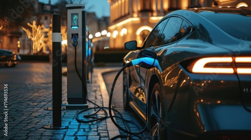 Black car charging at electric car charging station. Electric vehicle charger station for charge EV battery. EV car charging point. Clean energy. Sustainable transportation. Green technology