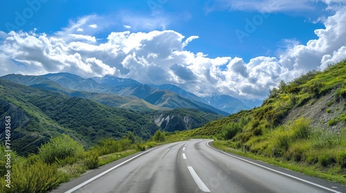 car for traveling with a mountain road. Blue sky 