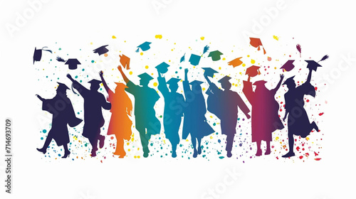 copy space  vector illustration  Happy graduates in graduation caps. Cheerful people  colored silhouette. high school graduation. Colorful silhouette of graduates in caps. Beautiful colored background