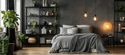 Metal shelf in stylish bedroom interior. photo