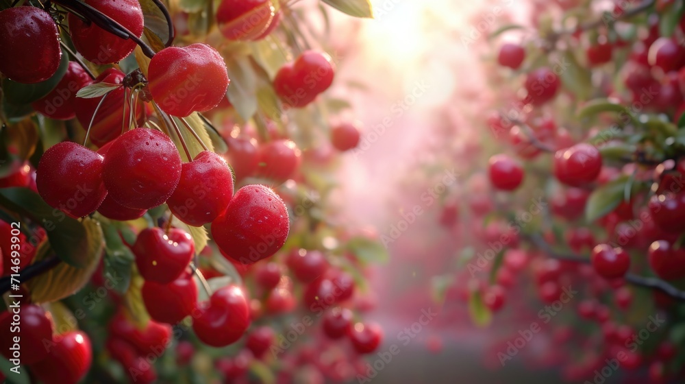 Obraz premium Red and sweet cherries on a branch just before harvest in early summer
