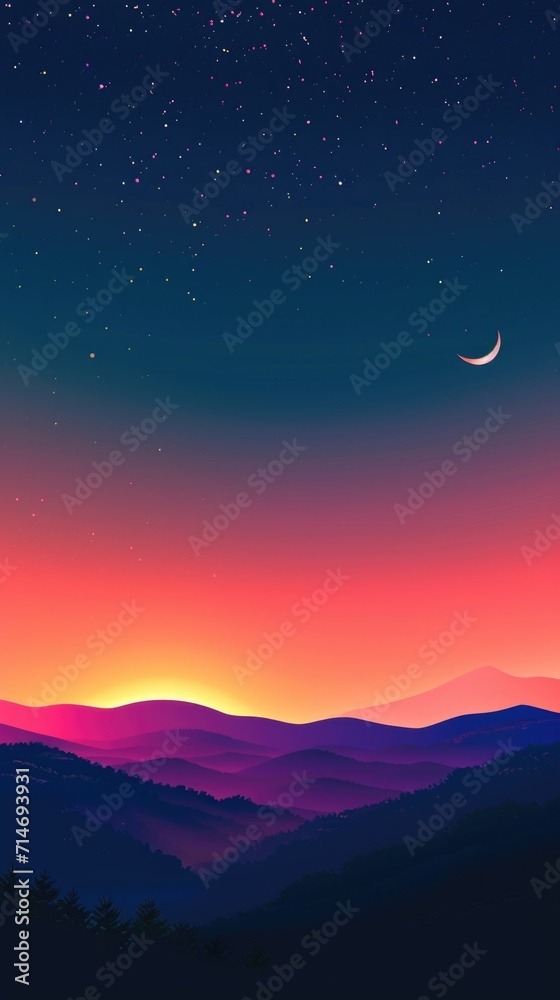 Fototapeta premium Red night sky with moon and stars