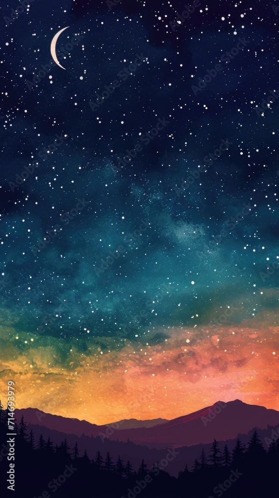 Fototapeta premium Space landscape with silhouette mountains and crescent moon