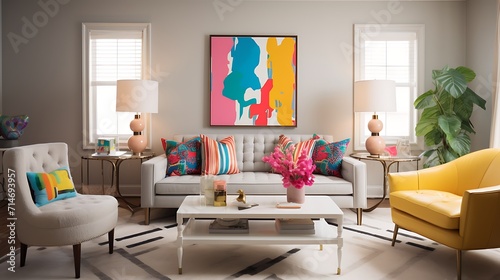 A neutral color palette with bold, colorful accents.
