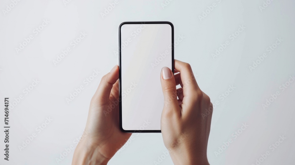 Close up of woman hand holding modern smart phone mockup. New modern black frameless smartphone mockup with blank white screen. Isolated on white background high quality studio shot Modern smart 