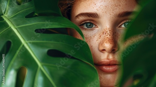 Close up face of redhead young woman covering her face by green monstera leaf while looking at camera. Portrait of beauty woman with natural makeup and freckles standing behind big green lea