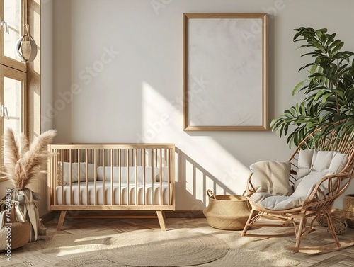 Blank Mockup Frame in Tender Baby Nursery Interior  Empty Space Adorable Baby Room Mockup  Empty Frame