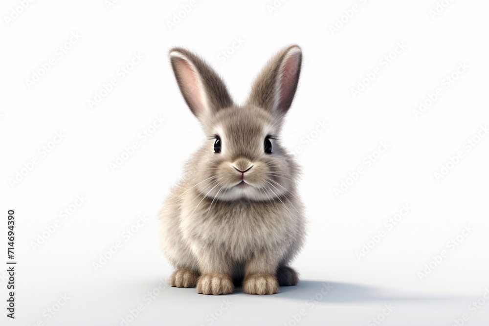 A bunny with a fluffy tail and big eyes, standing on a white background