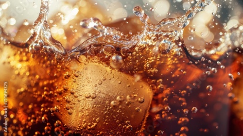Soda with Ice. Close up of the ice cubes in cola water. Texture of carbonate drink with bubbles in glass. Cola soda and ice splashing fizzing or floating up to top of surface. Cold drink background.