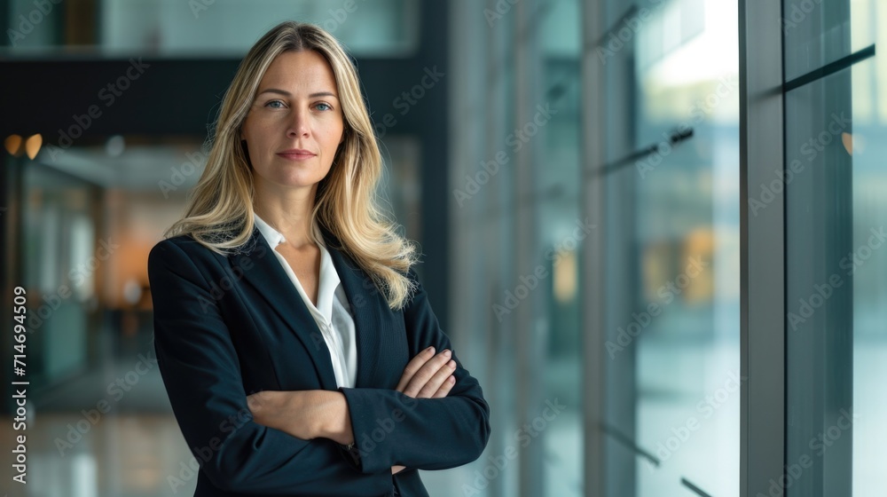 Blonde confident proud young professional business mature woman ceo, female corporate executive leader, lady lawyer wearing suit standing arms crossed in office near glass wall, portrait.