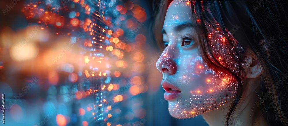 Double exposure of woman and man face combined with colorful lights - obrazy, fototapety, plakaty 