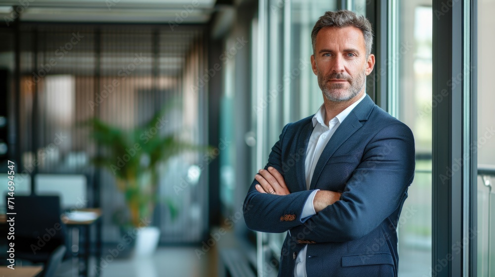 Confident proud professional business mature man ceo, corporate executive leader, lawyer wearing suit standing arms crossed in office near glass wall, portrait. Confident proud professional business mature man ceo, corporate executive leader, lawyer wearing suit standing arms crossed in office near glass wall, portrait.