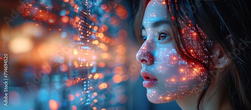 Double exposure of woman and man face combined with colorful lights photo