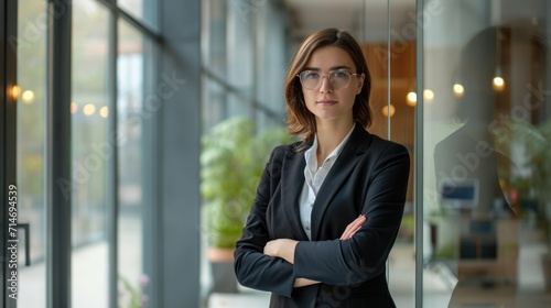 Free Download Confident proud young professional business mature woman ceo, female corporate executive leader, lady lawyer wearing suit standing arms crossed in office near glass wall, portrait.  - GFXLoad