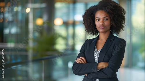 Confident proud serious professional business woman ceo, female corporate executive leader, African American lady lawyer wearing suit standing arms crossed in office near glass wall, portrait.  photo
