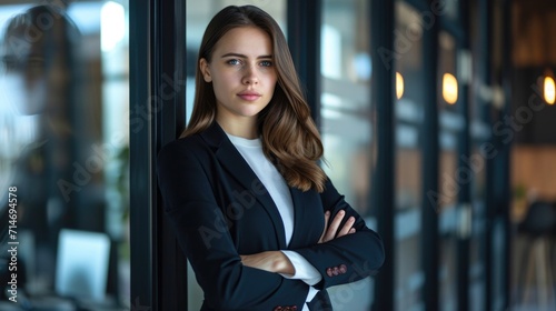 Confident proud young professional business woman ceo, female corporate executive leader, lady lawyer wearing suit standing arms crossed in office near glass wall, portrait. 