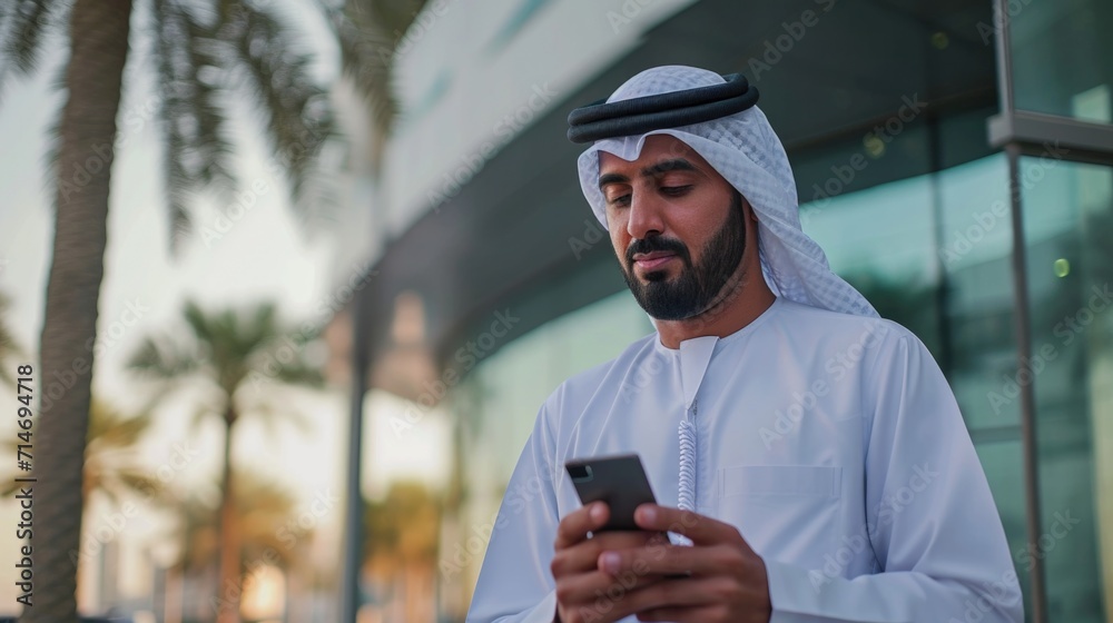 Corporate Arab Emirati man using mobile cell smartphone wearing kandura dishdasha at an business location
