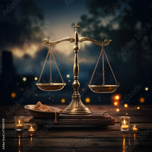 Justice scales on top of wooden table with night glow. Law and justice background concept.