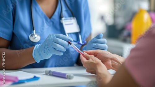 cropped view of multiracial nurse taking blood sample of senior woman with lancet pen 