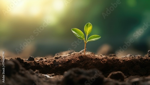 Green young plant sprout growth in the fertile soil with bokeh sunlight. Eco nature background concept for green campaign