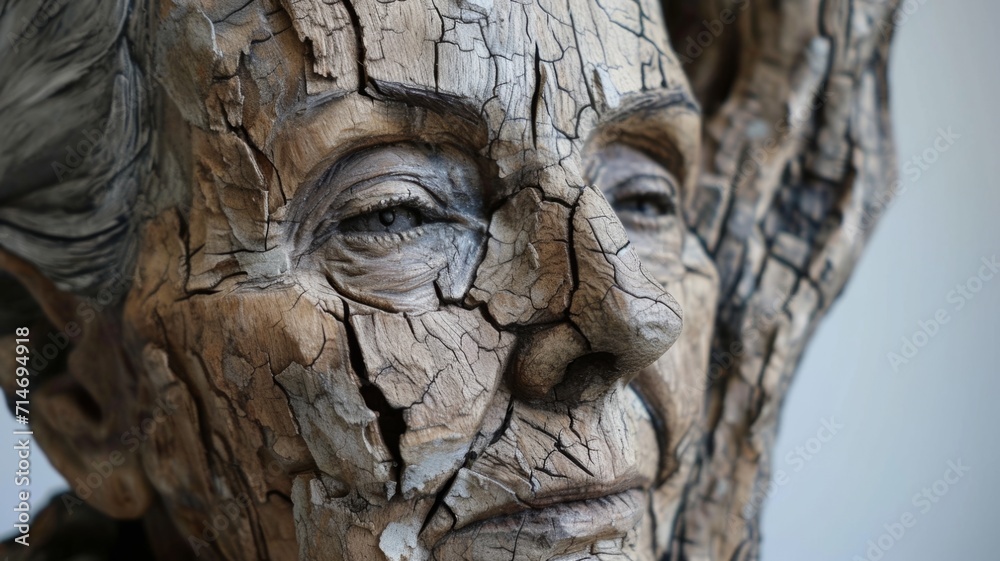 Portrait of an elderly woman carved from wood. Wooden sculpture of a man with many age cracks in the wood Portrait of an elderly woman carved from wood. Wooden sculpture of a man with many age cracks in the wood
