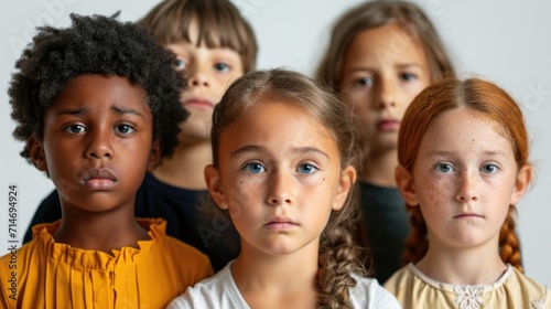 different race of sad children without parents with tears in eyes looking at camera on white