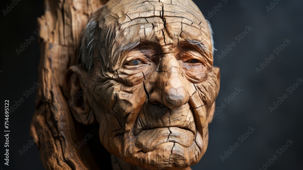 Portrait of an elderly man carved from wood. Wooden sculpture of a man with many age cracks in the wood
