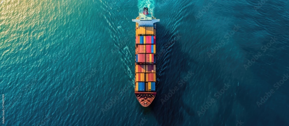 Container ship seen from above, moving on open ocean while transporting cargo. - obrazy, fototapety, plakaty 