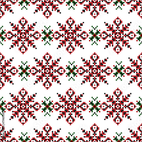 Ukrainian ethnic cross stitch. Geometric seamless pattern of red, green, black flowers and leaves on a white background