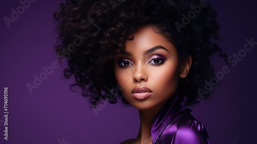 African-American fashion model, studio photo in green and purple tones