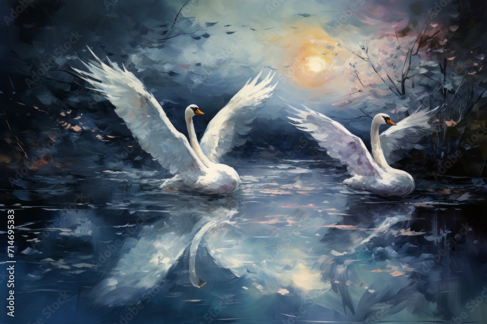 Obraz premium Graceful moonlit swans, gliding across shimmering lakes with elegance and poise - Generative AI