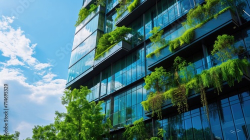 Corporate building in city plants growing Sustainability Sustainable on air , architeture green energy city background
