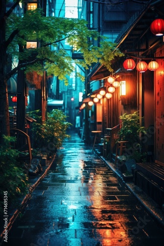 night and rain street with japanese building house and store style with hanging lanterns. Tokyo districs street with neon lights concept.